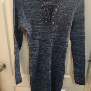 No Boundaries Navy Heather Lace-Up Sweater with Gold Grommets
